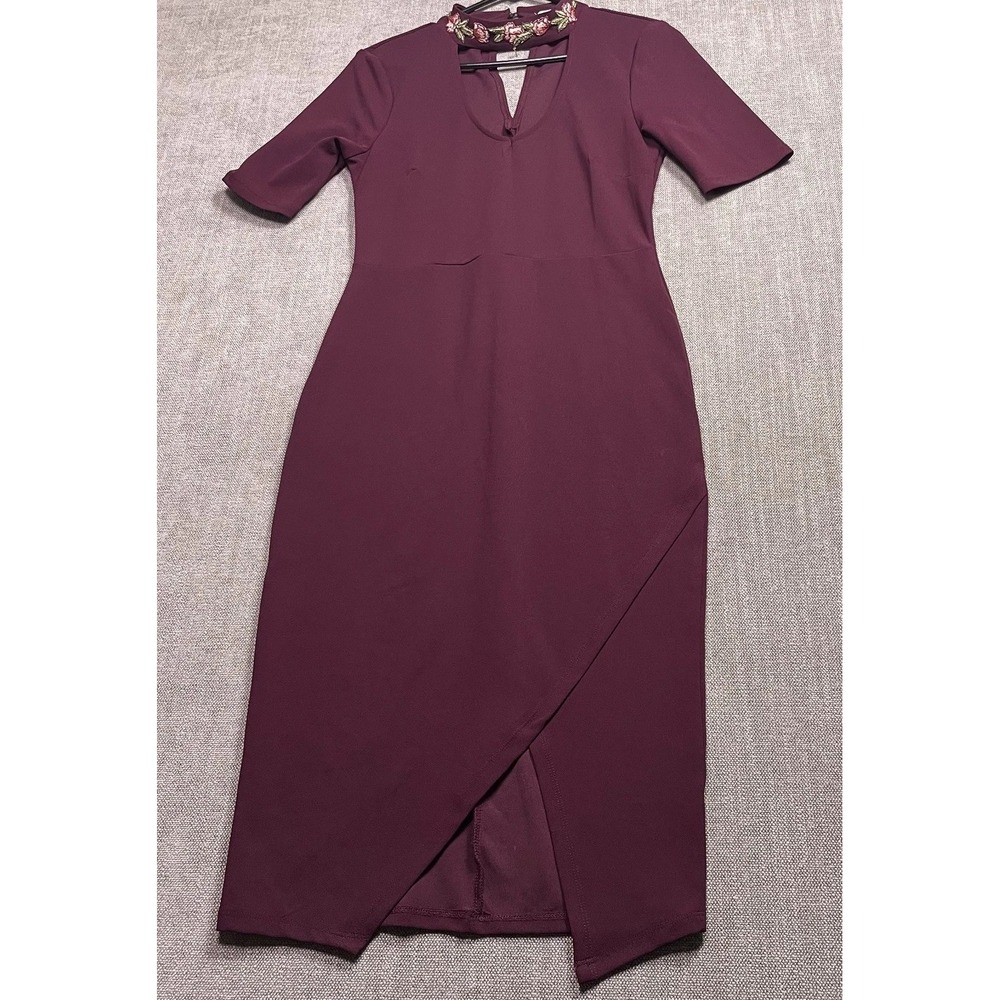 Almost Famous Plum Choker Neck Cutout Wrap Hem Sheath Dress Womens M DV8145